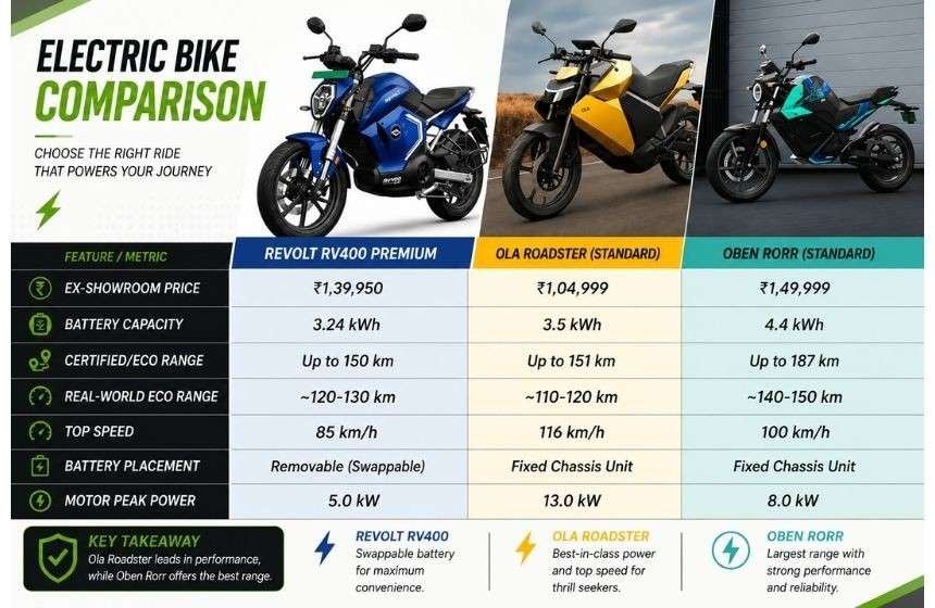 Electric bike comparison chart featuring Revolt RV400 Premium, Ola Roadster Standard, and Oben Rorr Standard with price, battery capacity, range, top speed, battery placement, and motor power specifications.