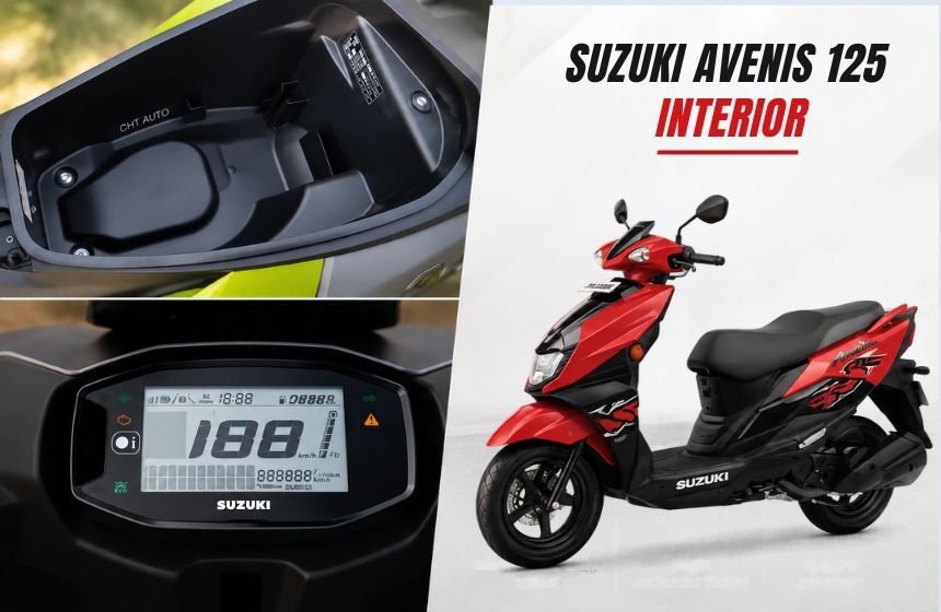 Suzuki Avenis 125 interior showing under-seat storage, digital instrument cluster, and red scooter profile