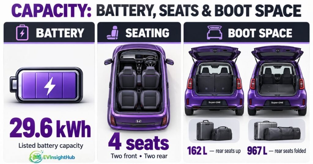 Honda Super-One capacity illustration showing battery capacity, four-seat layout and boot space with rear seats upright and folded.
